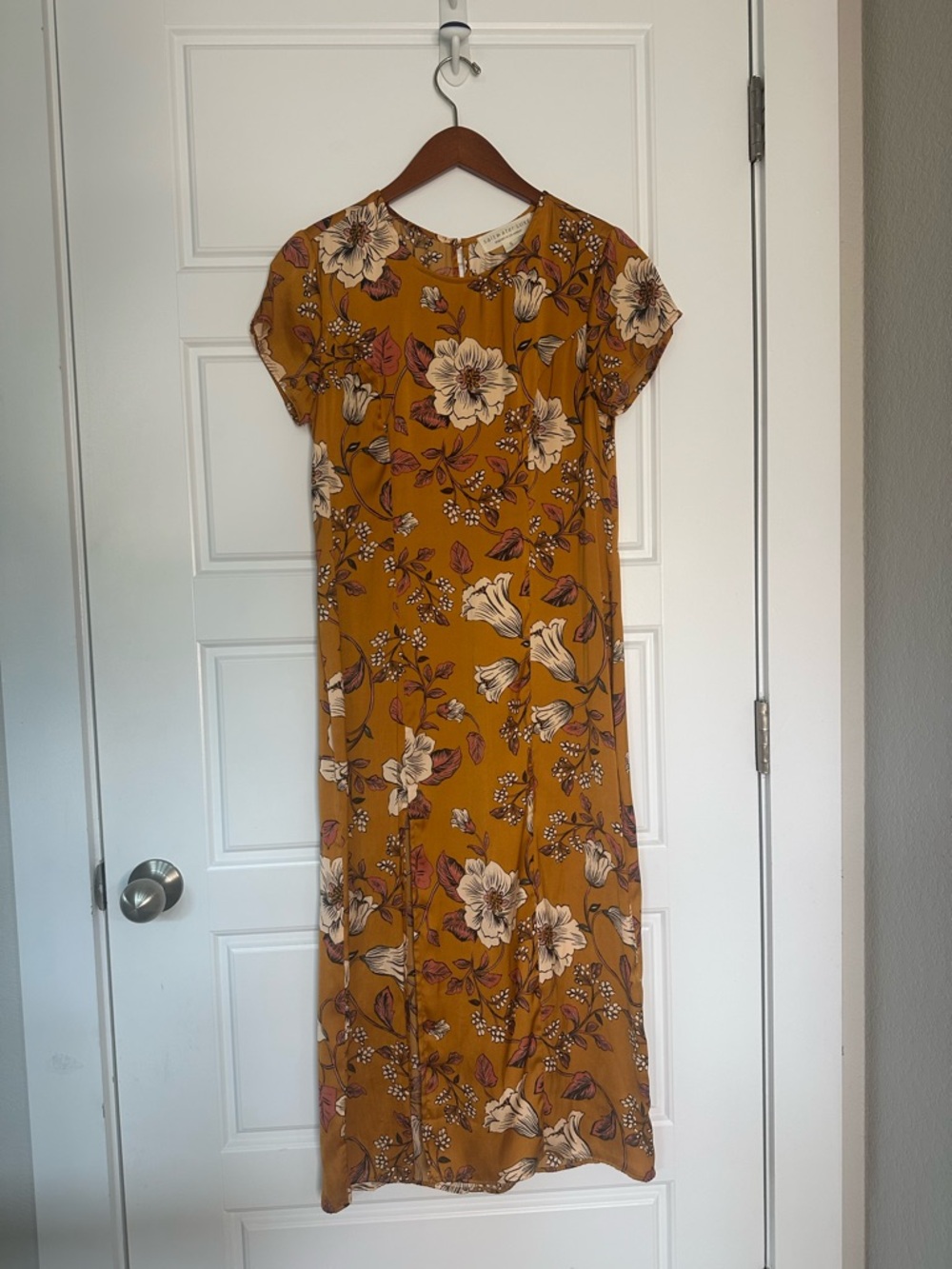 Mustard Floral Summer Dress with Front Slit
